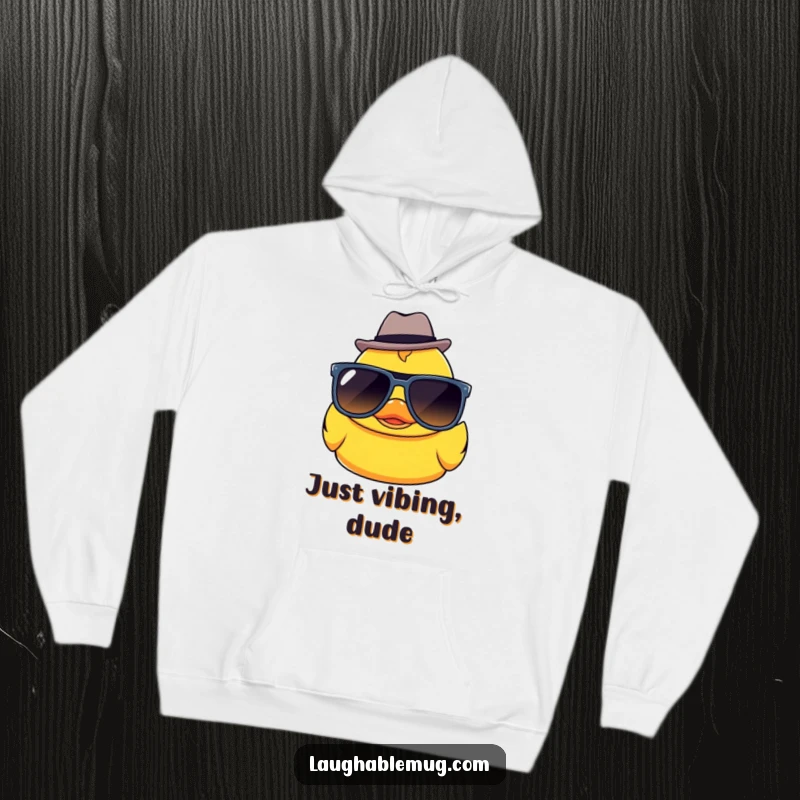 Funny Kawaii rubber ducky character in sunglasses and fedora, depicted on a cozy hoodie for ultimate comfort.