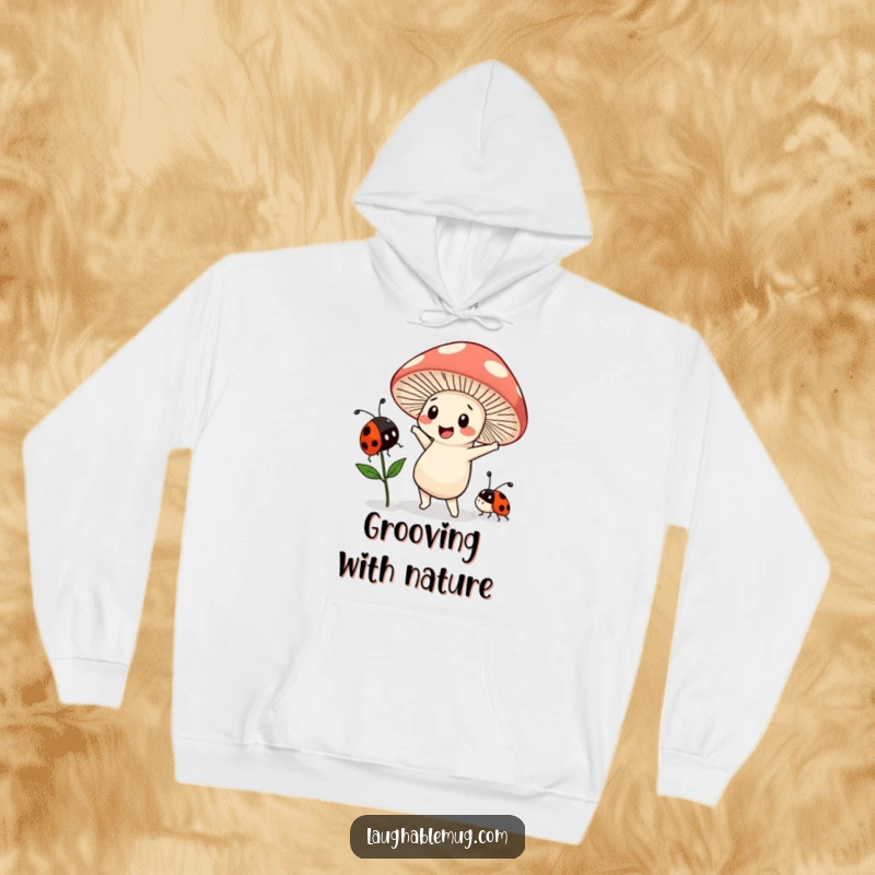 Funny Kawaii hoodie depicting a mushroom character doing a goofy dance with a bewildered ladybug, ideal for cozy and whimsical moments.