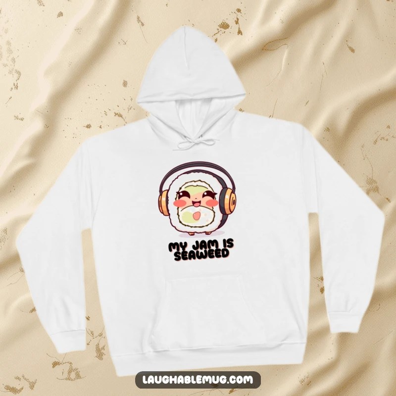 Funny Sushi Roll Hoodie: A laughing sushi character with large headphones, designed for ultimate comfort and humor, great gift.