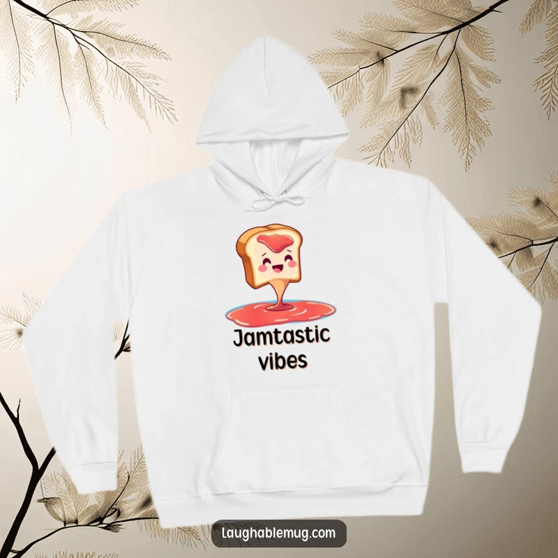 Funny hoodie depicting a joyful toast slice executing a dramatic dive into a sweet, red jam pool, ideal for comfort.