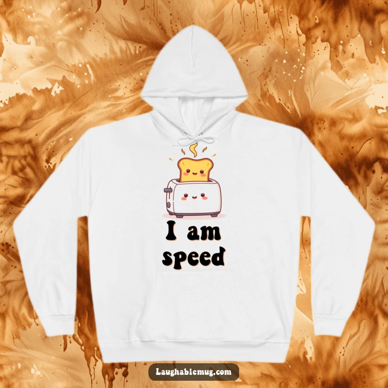 Funny hoodie with a cheerful toast character popping rapidly from a toaster, symbolizing speed and morning energy in a cozy wear.