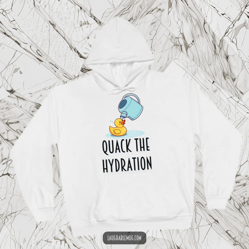 Funny hoodie featuring a confused watering can attempting to water a rubber duck, offering warmth and a dose of playful garden humor.