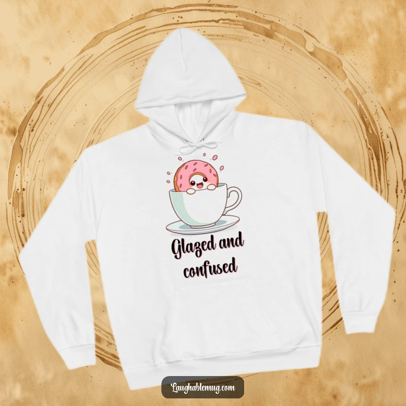 Funny Kawaii Donut Teacup Dive Hoodie: A cute donut character joyfully plunges into a giant teacup, cozy and fun.