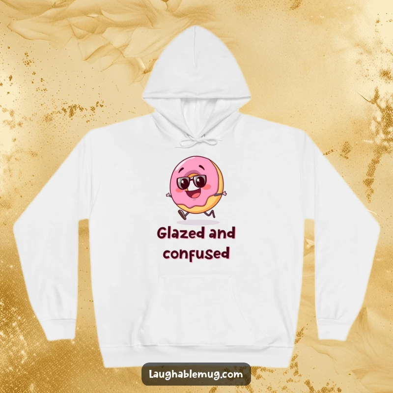 Funny hoodie with a slightly tipsy donut character stumbling with a big, goofy grin, offering cozy comfort and playful humor.