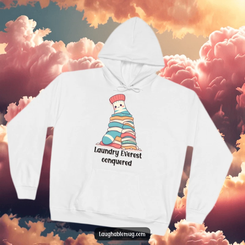Funny Hoodie: A determined sock is shown climbing a colossal laundry pile, embodying effort and a quest for cleanliness in a humorous way.