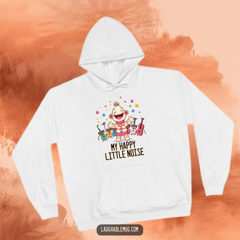 Funny hoodie featuring a cheerful sock puppet energetically leading a button orchestra, perfect for cozying up with a smile.