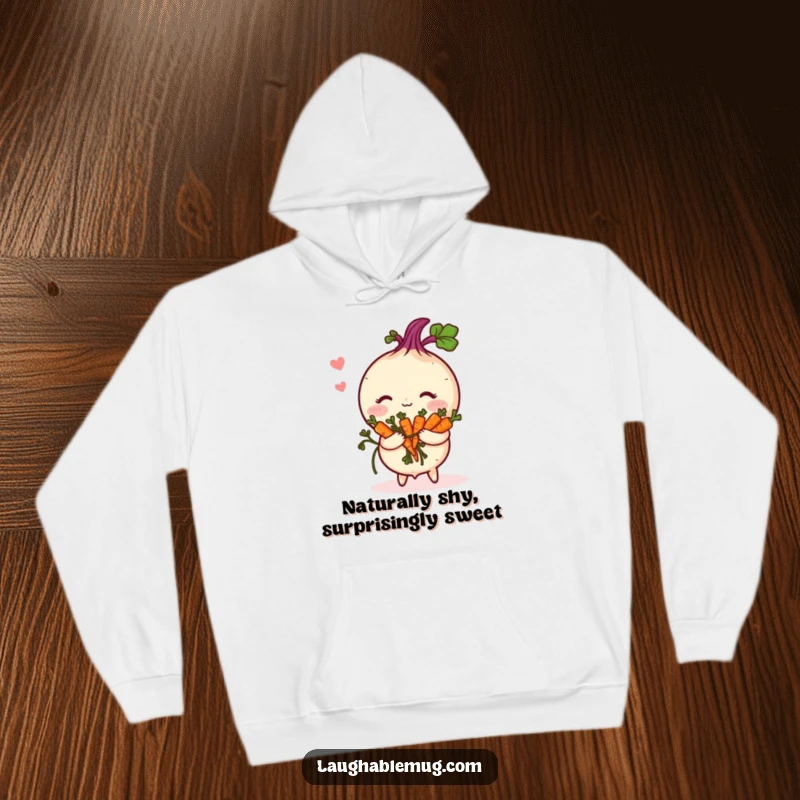 Funny Hoodie: A shy turnip with a rosy blush holds a dainty bouquet of carrots, looking endearing and sweet.