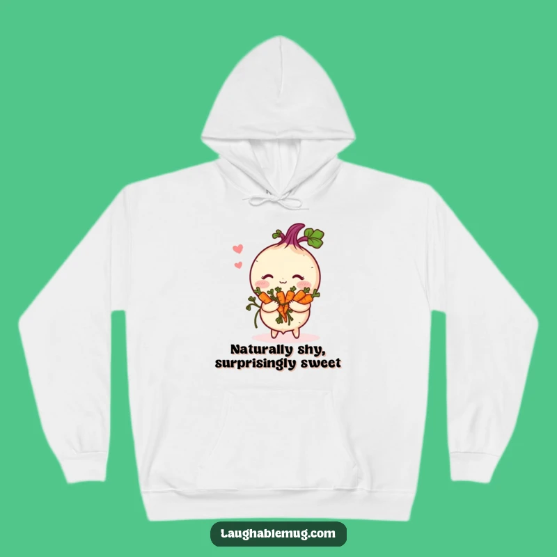 Funny Shy Turnip Hoodie, Cozy Blushing Vegetable with Carrot Bouquet Gift