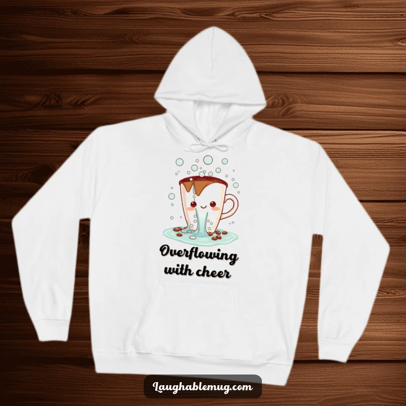 Funny Kawaii hoodie featuring a coffee cup character spilling a waterfall of cheerful bubbles, ideal for cozy and bubbly moments.
