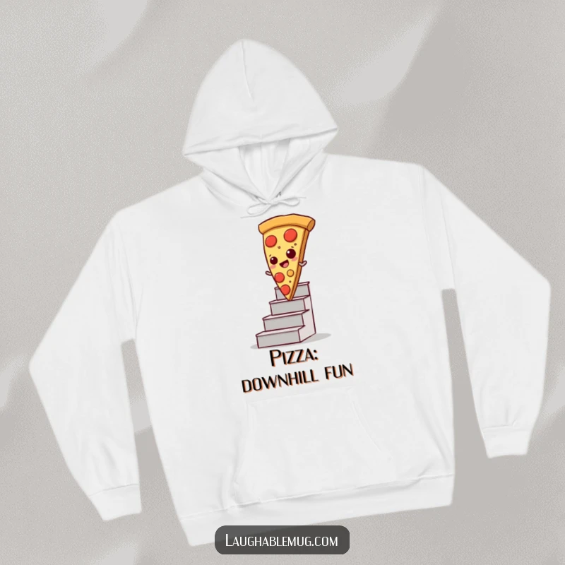 Funny hoodie showcasing a slice of pizza comically sliding down stairs, perfect for pizza lovers.
