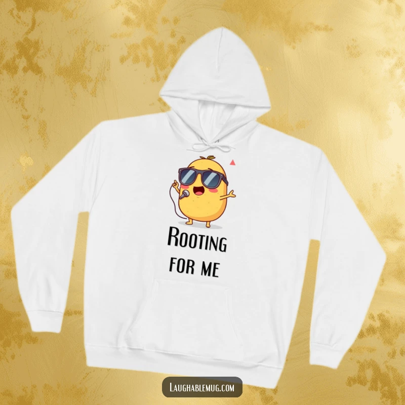 Funny hoodie featuring a singing potato wearing tiny sunglasses, performing with energetic enthusiasm.