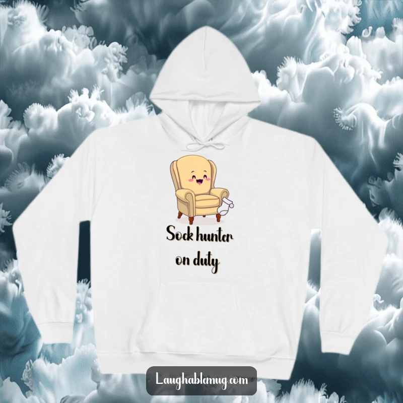 Funny hoodie depicting a happy armchair on a mission to catch a fleeing sock, bringing comfort and laughter to the wearer.