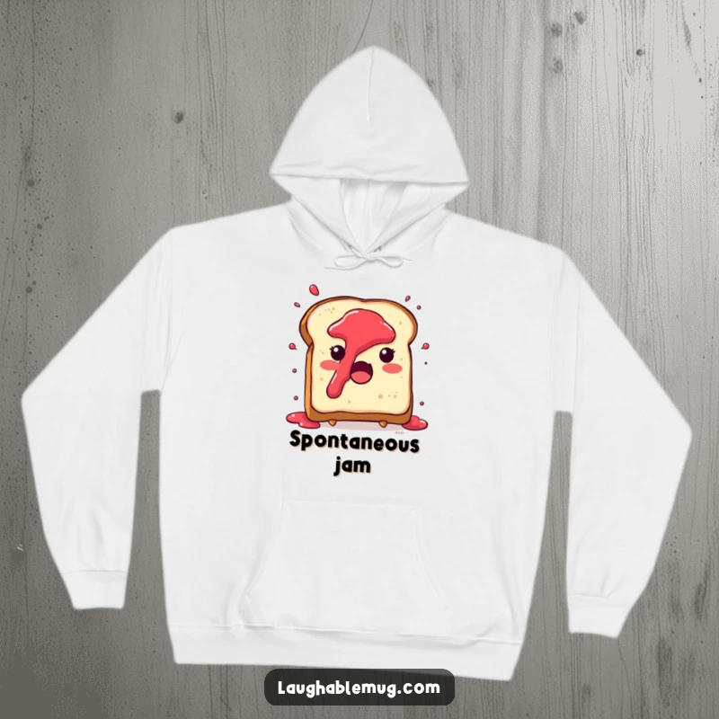 Funny hoodie featuring a cute toast character with jam splattering everywhere in a comical surprise, designed for warmth.