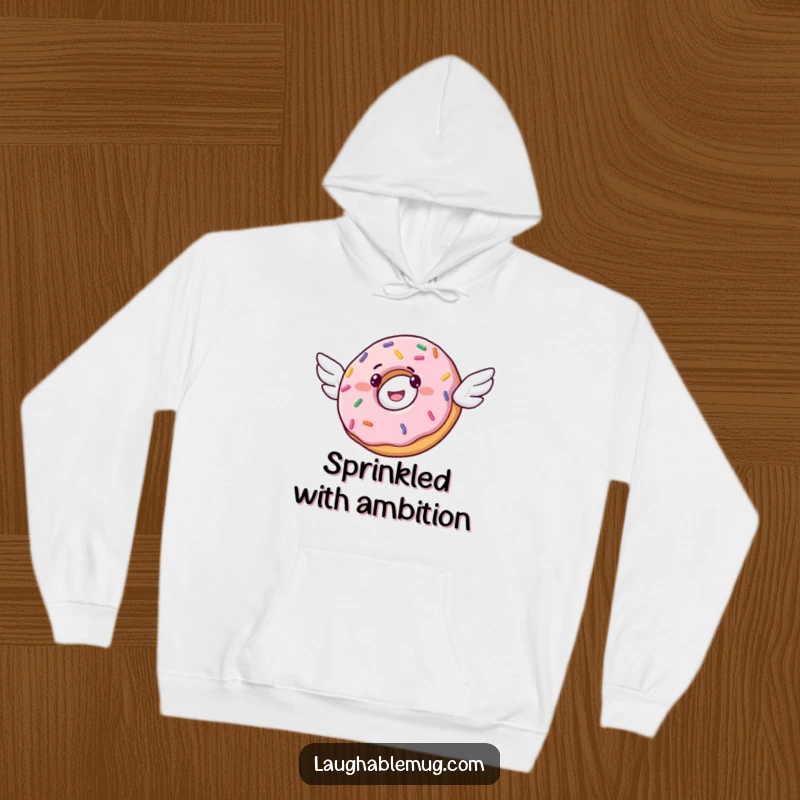 Funny hoodie depicting a cheerful donut with small wings, attempting to fly, surrounded by colorful sprinkles.