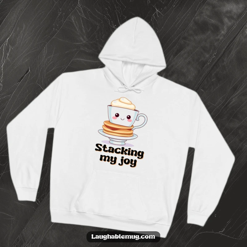 Funny Teacup Pancake Hoodie: A cheerful teacup character balancing pancakes, designed for ultimate comfort and breakfast-themed humor.