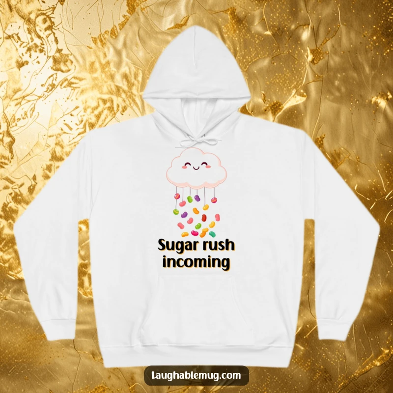 Funny hoodie: A soft, warm hoodie featuring a happy cloud raining down colorful jelly beans, offering cozy cheer.