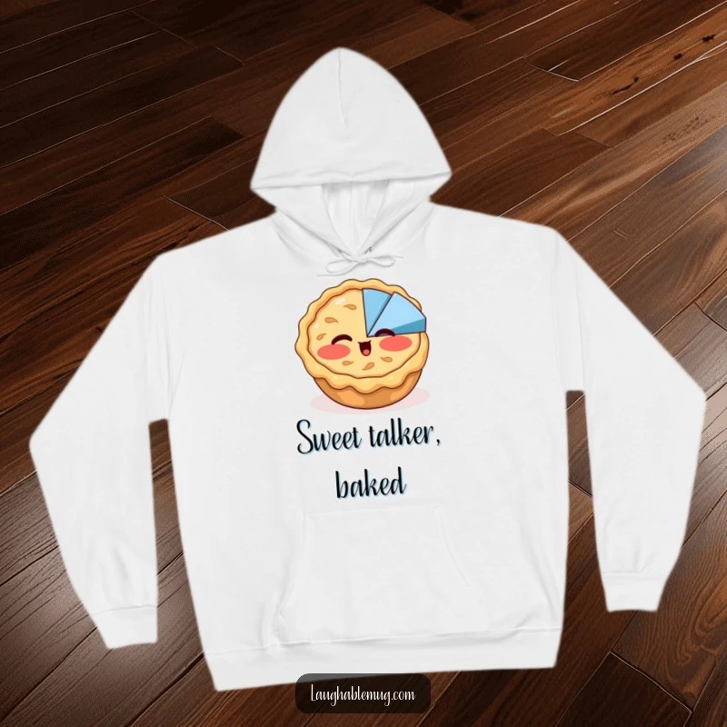 Funny hoodie depicting a blushing apple pie winking at a pie chart, offering warmth and delightful dessert-themed humor.