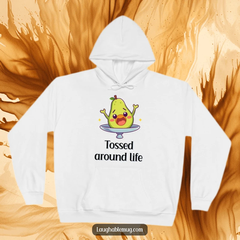 Funny hoodie depicting a surprised avocado character comically losing balance and falling off a spinning plate.