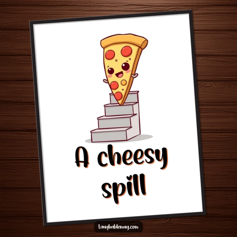 Funny free printable wall art of a pizza slice comically attempting to slide down a staircase, adding quirky decor.