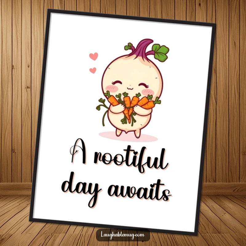 Funny Free Printable Wall Art: A shy turnip blushing beet-red while holding a bouquet of tiny carrots, a cute and humorous veggie illustration.