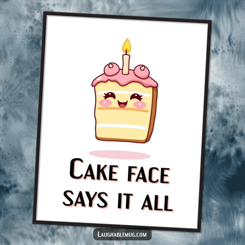 Funny Free Printable Wall Art: A giggling cake slice balancing a single birthday candle on its nose, a whimsical and sweet decor piece.