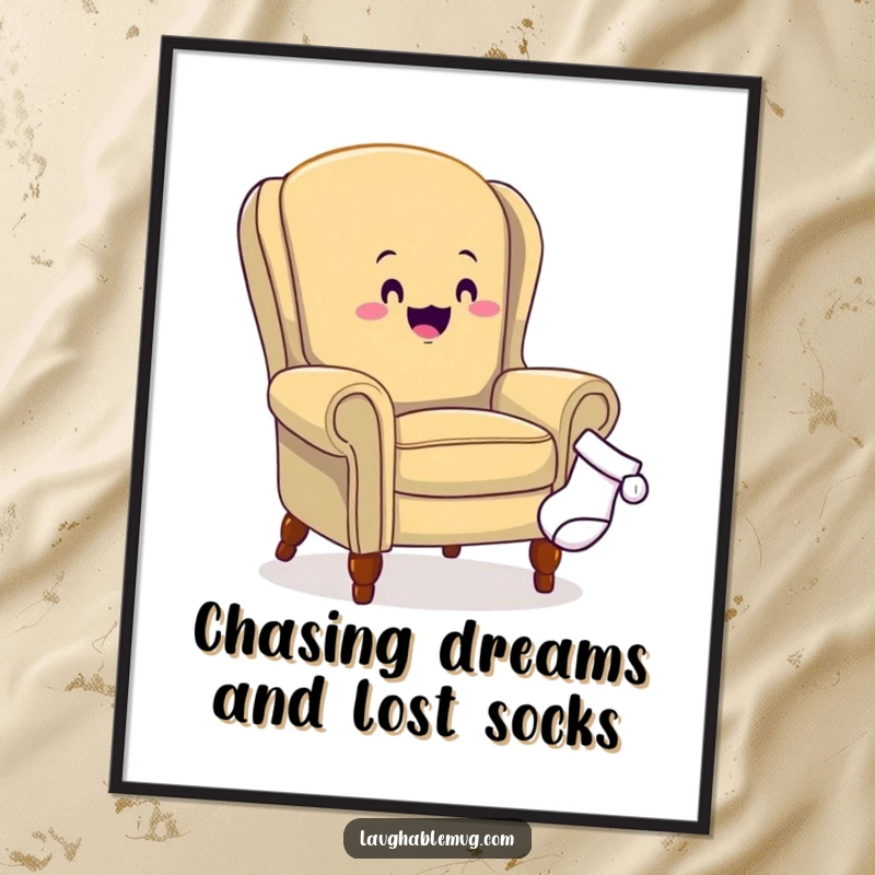 Funny free printable wall art: A happy armchair chases after a runaway sock, adding animated humor to your decor.