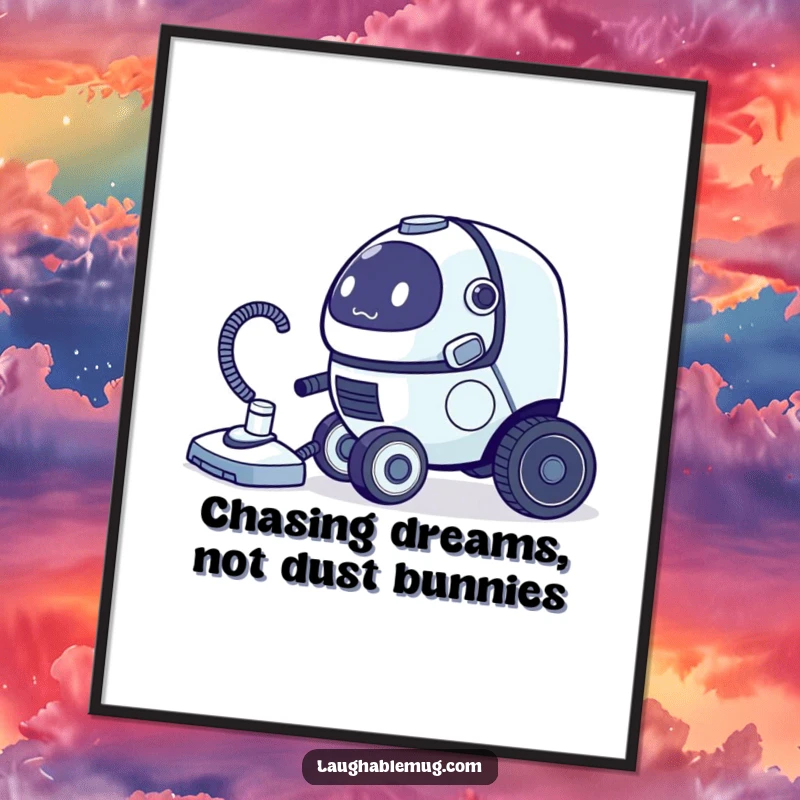 Funny free printable wall art of a clumsy robot vacuum cleaner comically chasing its own tail, a quirky downloadable decor.