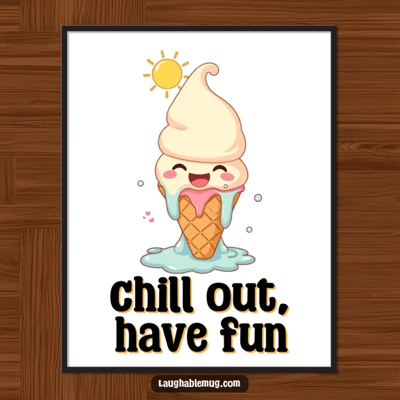 Funny Free Printable Wall Art: An ice cream cone character melting happily with laughter under the sun, creating cheerful decor.