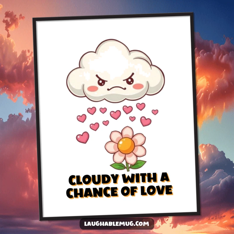 Free Printable Wall Art: A grumpy cloud happily rains tiny smiling hearts onto a vibrant, cheerful flower, creating a whimsical and loving scene.