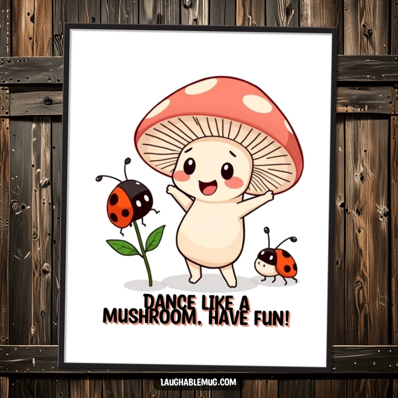 Funny free printable wall art: A Kawaii mushroom character in a hilarious dance pose, with a bewildered ladybug nearby, bringing quirky energy to decor.