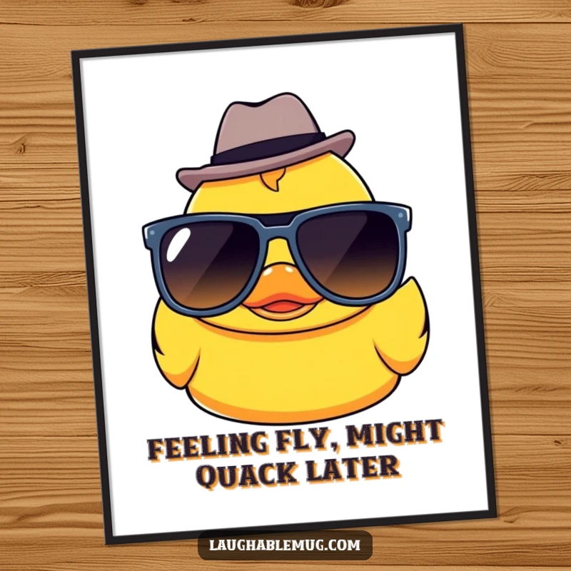 Funny Free Printable Wall Art showcasing a Kawaii rubber ducky wearing oversized sunglasses and a tiny fedora.