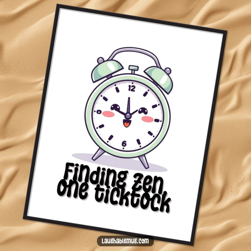 Funny free printable wall art of a beaming alarm clock attempting a yoga pose, a serene and downloadable decor piece.