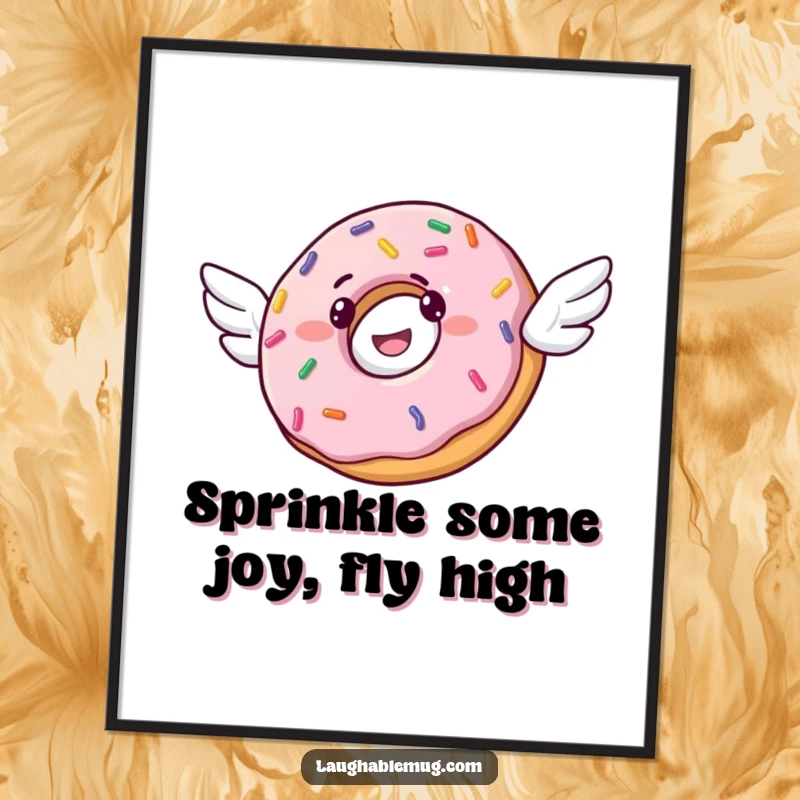 Funny Free Printable Wall Art: A cheerful donut with sprinkles and tiny wings, playfully soaring through the air as delightful decor.