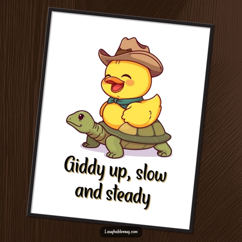 Funny Free Printable Wall Art: Giggling rubber duck wearing a cowboy hat, humorously attempting to ride a slow-moving turtle.