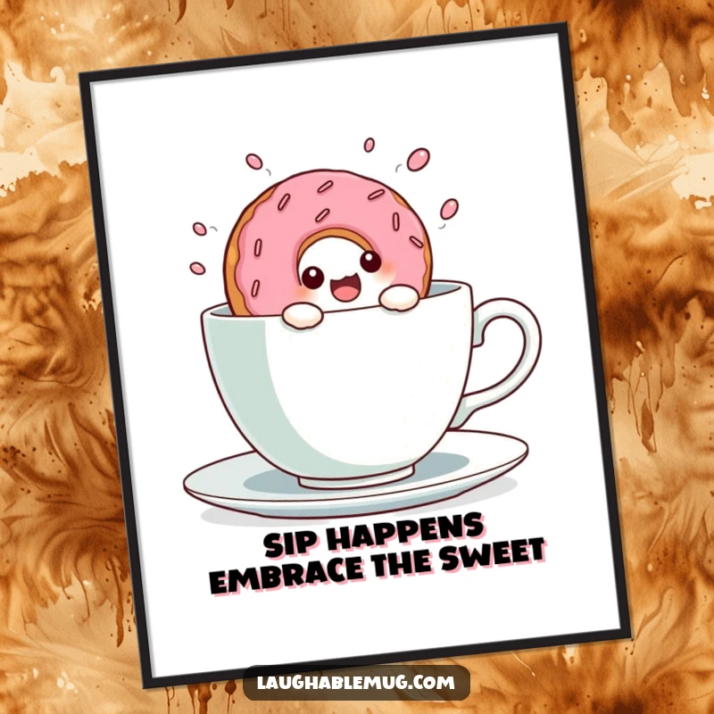 Funny Free Printable wall art showing a kawaii donut character gleefully diving into a giant teacup, a splash of sweet humor.