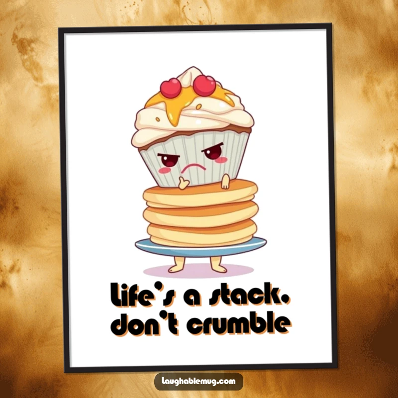 Funny Free Printable Wall Art: A grumpy cupcake hilariously struggling to balance a giant stack of pancakes, adding quirky charm to decor.