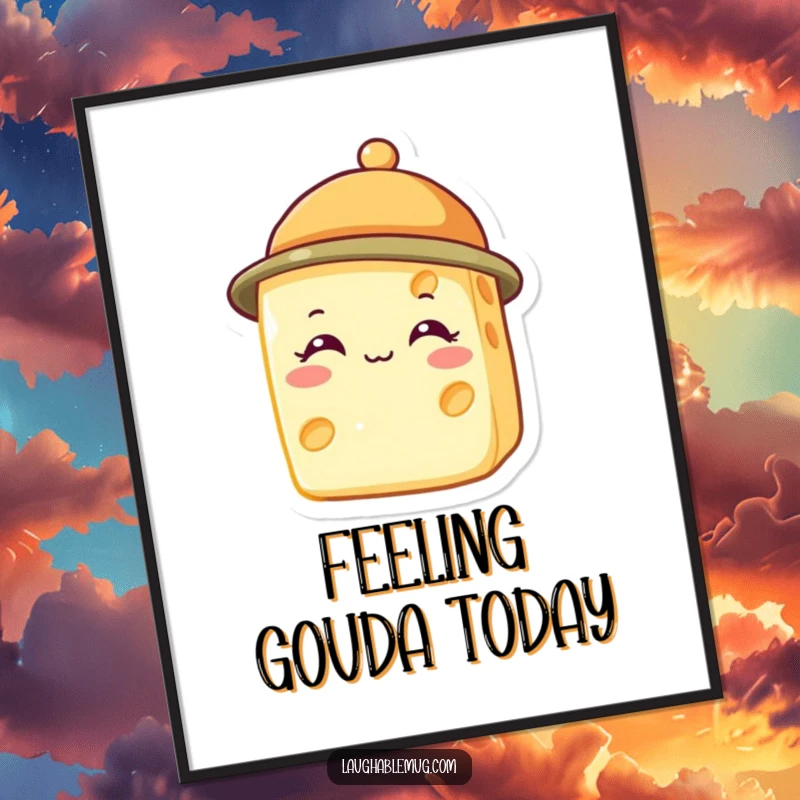 Funny Free Printable Wall Art: A cheerful cheese slice proudly wearing a tiny hat, ready to liven up your walls.