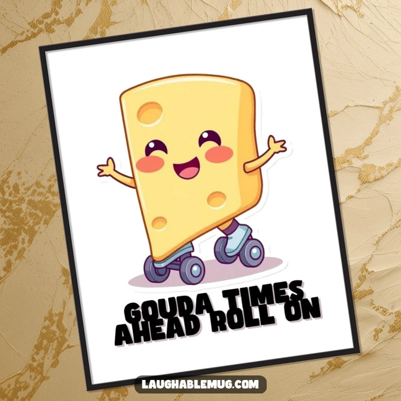 Funny Free Printable Wall Art: Smiling cheese slice on tiny roller skates, humorous and whimsical, perfect for decor.