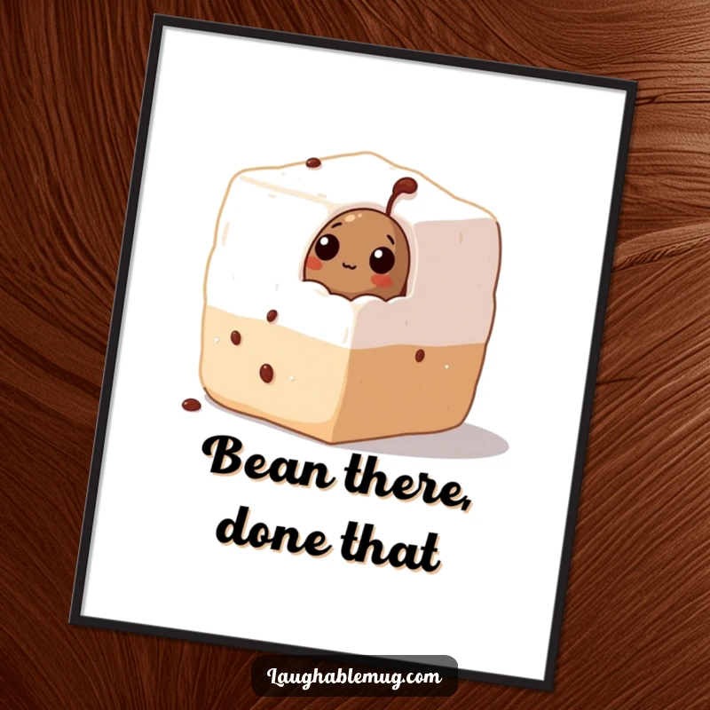 Funny free printable wall art: A curious coffee bean peeks out from a colossal sugar cube, creating a sweet, humorous scene.