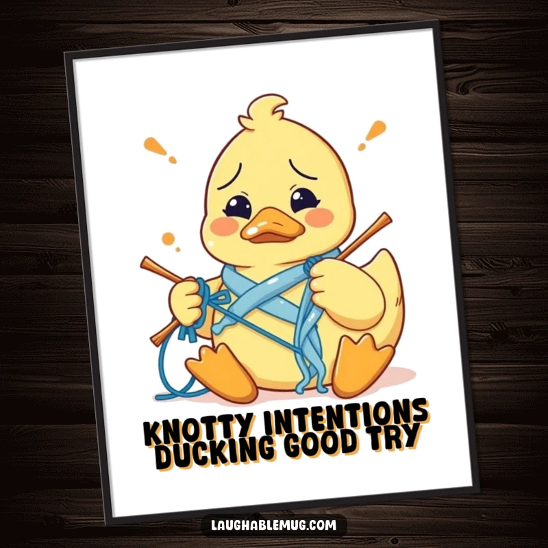 Funny Free Printable Wall Art: A rubber duck looking utterly confused while attempting to knit, yarn in a mess.