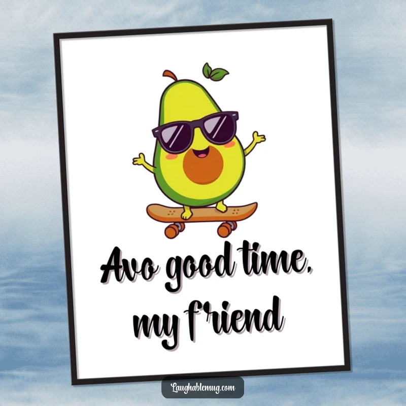 Funny Free Printable Wall Art: A happy avocado wearing sunglasses skates on a skateboard, bringing cool vibes to any room.