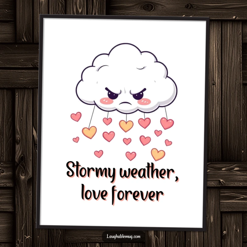 Funny free printable wall art of a grumpy cloud raining happy little hearts, adding a touch of sweet melancholy to decor.