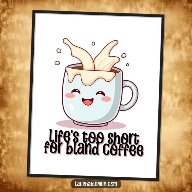 Funny Free Printable Wall Art: A grinning coffee mug comically pouring excess cream, a humorous and quirky art piece.