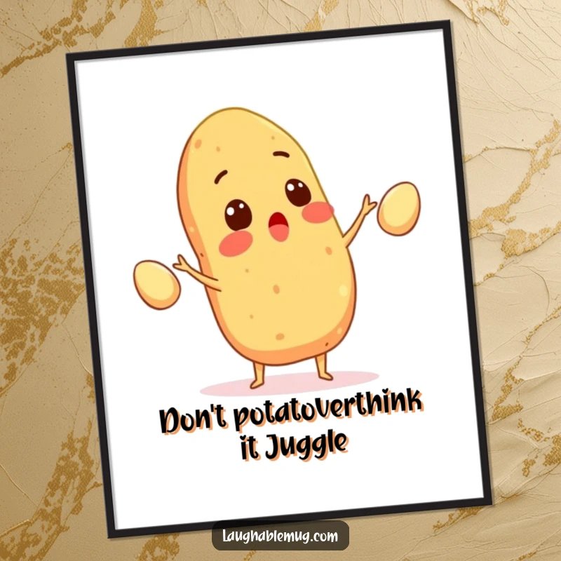 Funny Free Printable Wall Art: Surprised potato energetically juggling eggs, humorous and lively, perfect for decor.