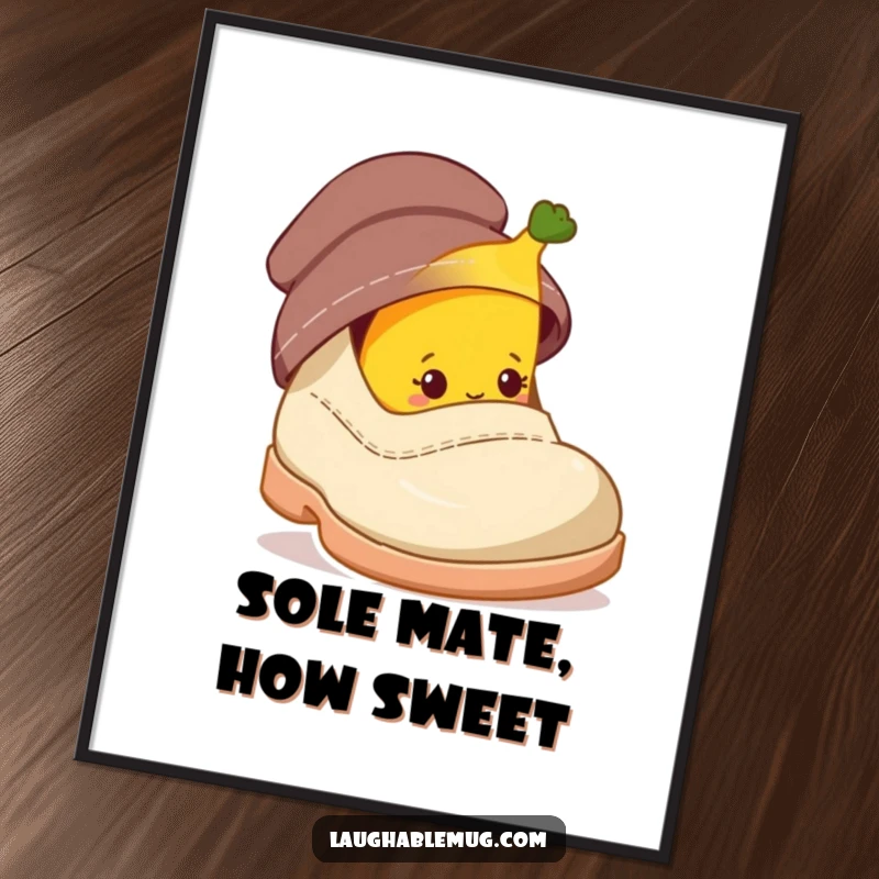 Funny Free Printable Wall Art: A shy banana character peeks out cautiously from behind a very large, imposing shoe.