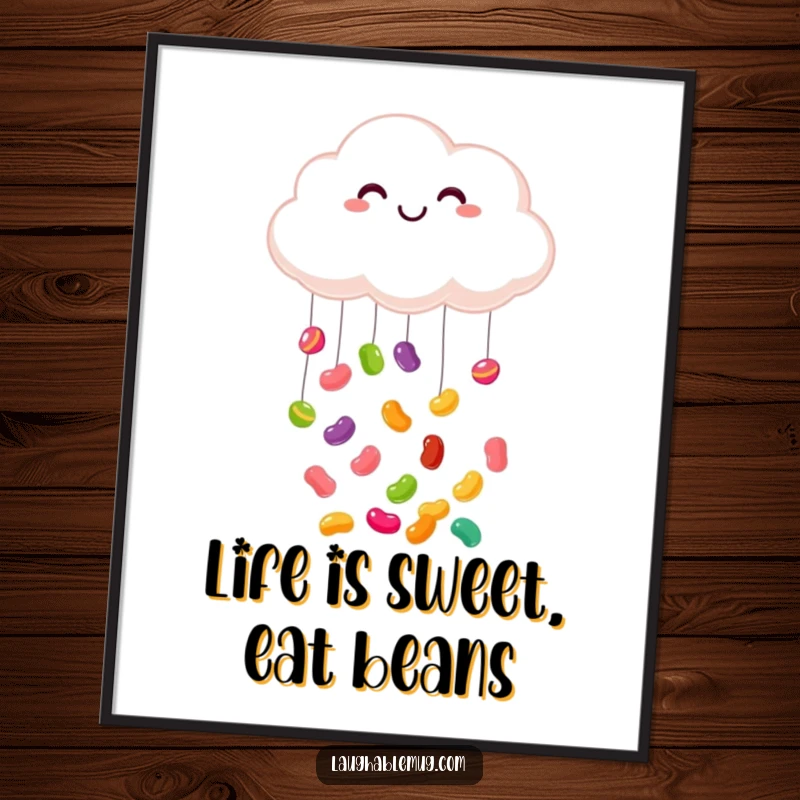 Funny Free Printable Wall Art: A smiling cloud joyfully raining colorful jelly beans, creating a cheerful atmosphere.