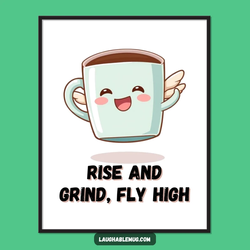 Funny Free Printable Wall Art: Ascending Mug Character's Joyful Flight - Downloadable Decor