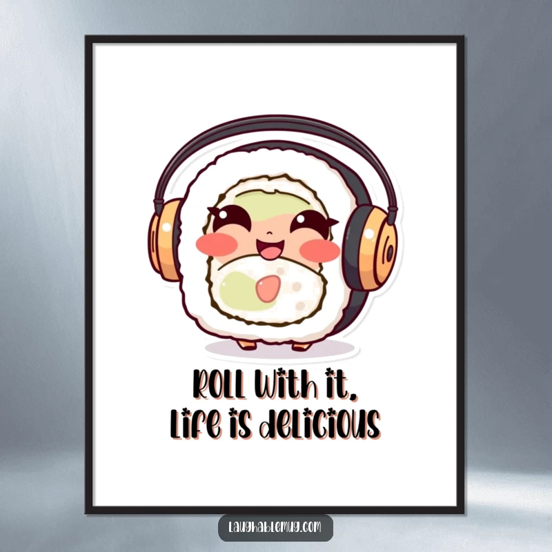 Funny free printable wall art of a giggling sushi roll character wearing oversized headphones, listening to music.