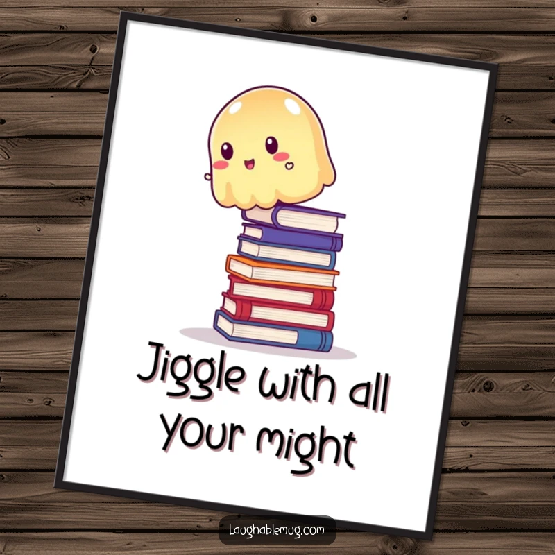 Funny Free Printable Wall Art: A wobbly jelly hilariously balancing on a stack of books, perfect for a quirky, fun living space.