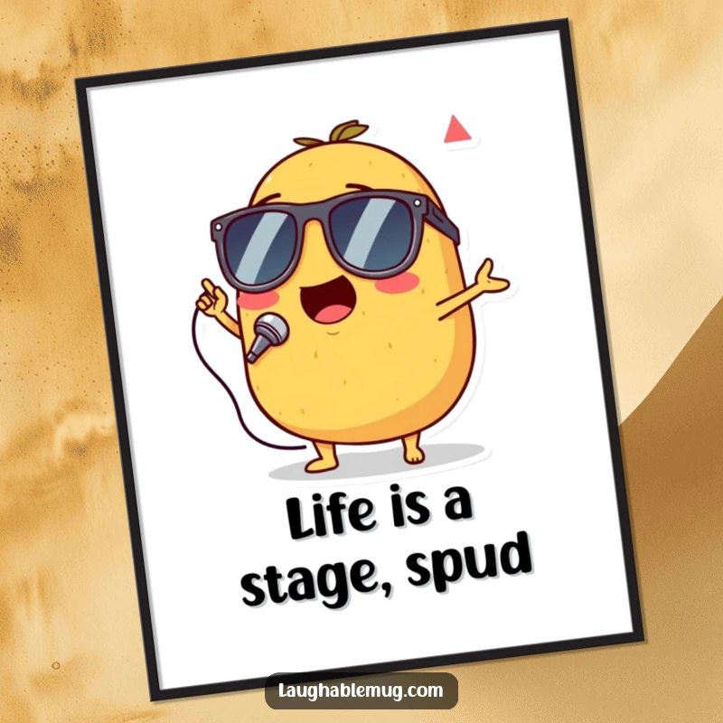 Funny Free Printable Wall Art: A singing potato wearing tiny sunglasses, enthusiastically performing like a rockstar on stage.